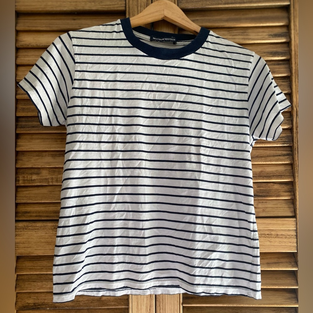 Brandy Melville Navy and White Striped Short Sleeve Tee